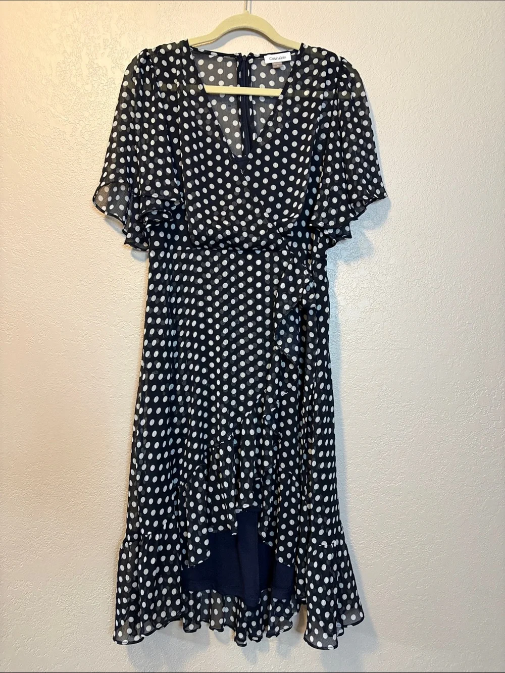 calvin klein navy blue and white dress NEW Calvin Klein Blue White Striped Fit Flare Faux Wrap Dress 6 134$
